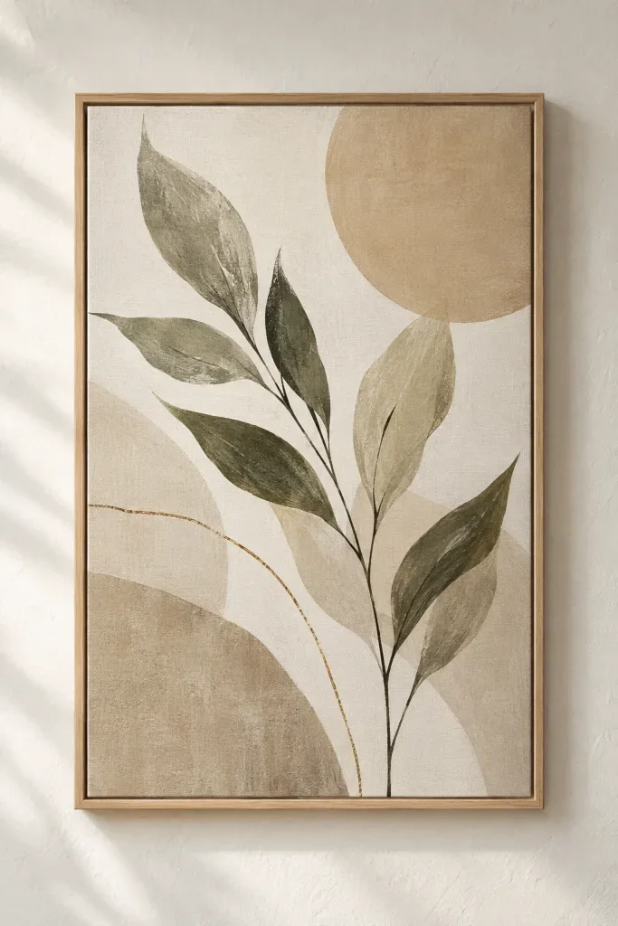 Tranh Canvas Thực Vật Tối Giản Bắc Âu - Cụm Lá Nét Vẽ & Mảng Màu Beige - H00646