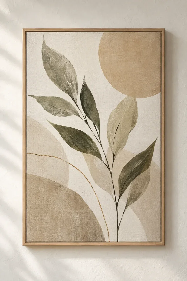 Tranh Canvas Thực Vật Tối Giản Bắc Âu – Cụm Lá Nét Vẽ & Mảng Màu Beige – H00646