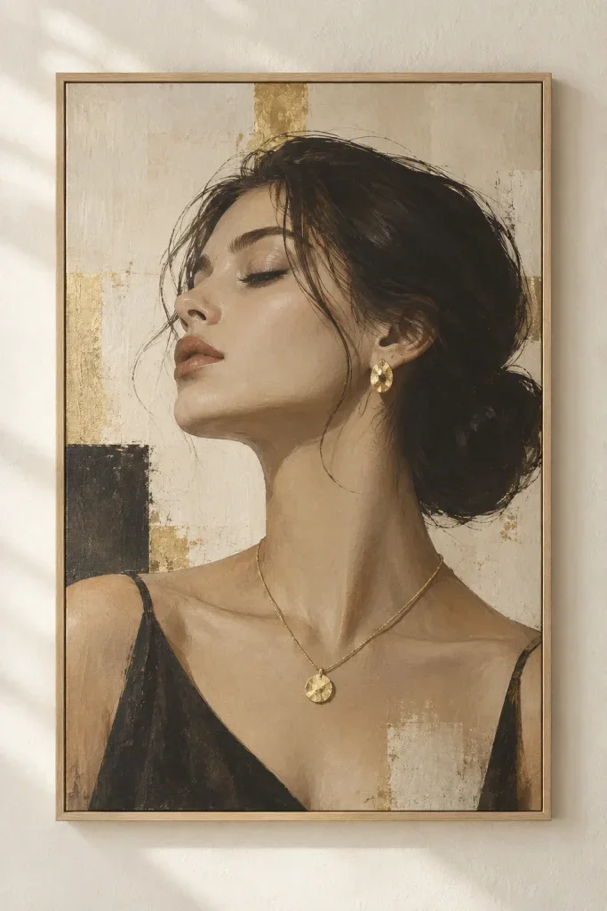 Tranh Canvas Chân Dung Nữ & Dây Chuyền Vàng Gold Tối Giản – H00645