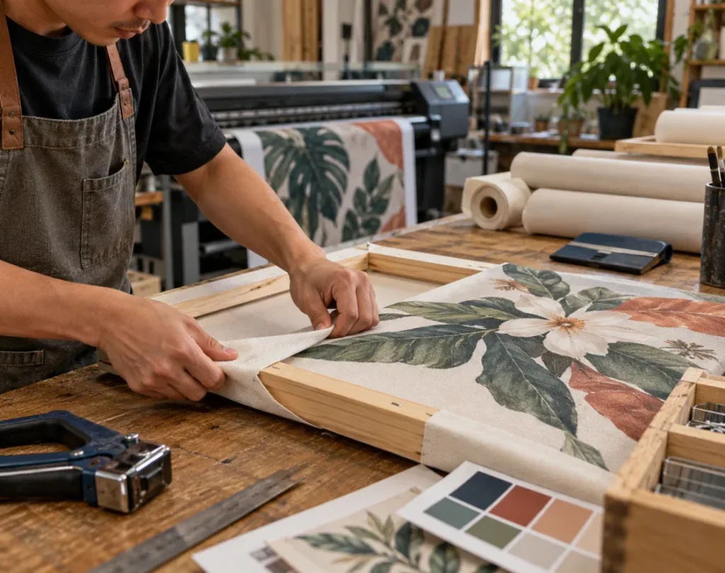 Thợ thủ công căng tranh canvas hoa lá trên khung gỗ tại xưởng in