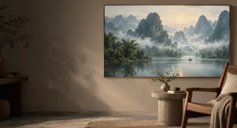 Tranh canvas phong cảnh núi sông trong góc đọc sách